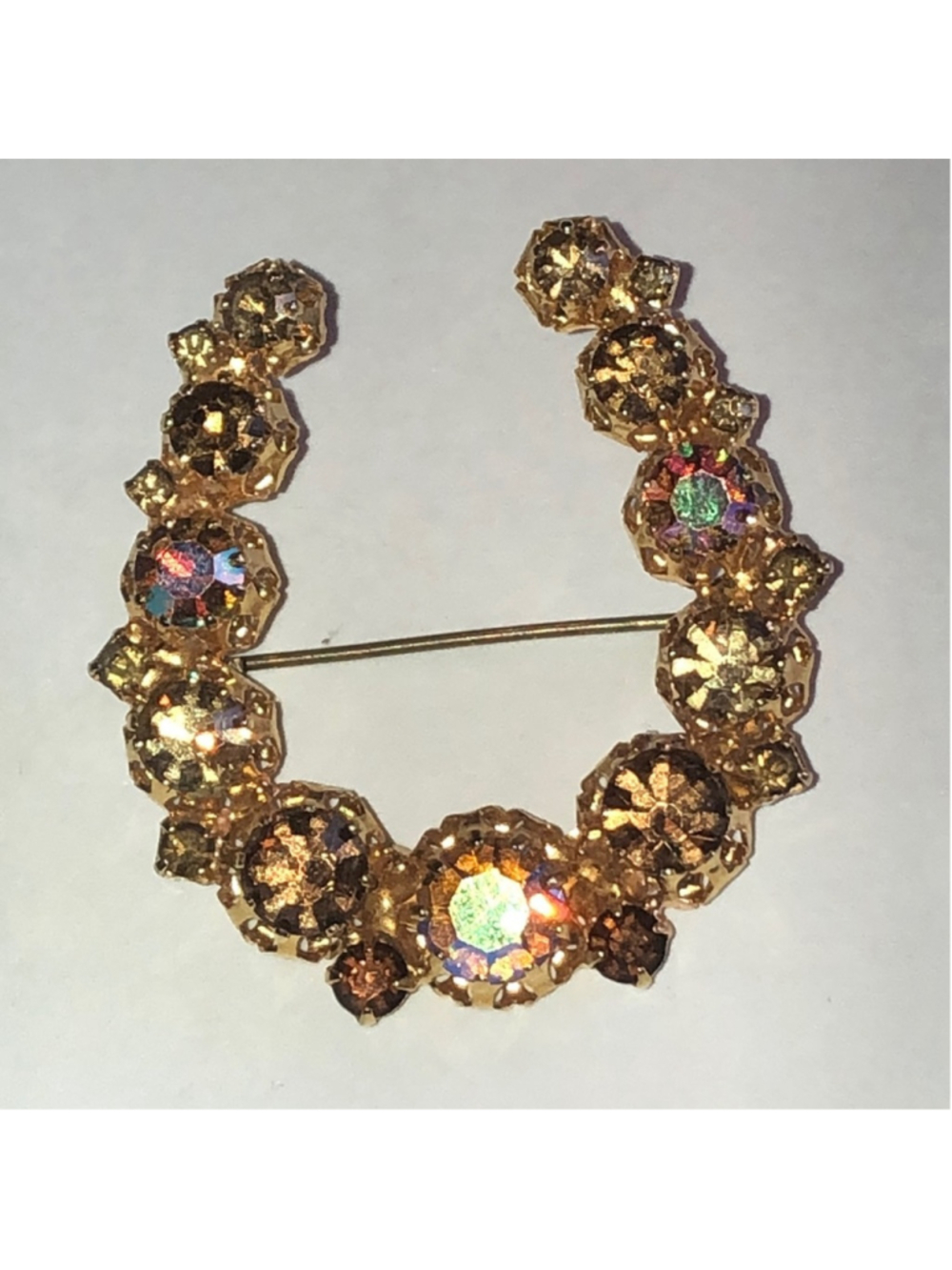 STAR Brand Gold Tone Crystal Horseshoe Brooch